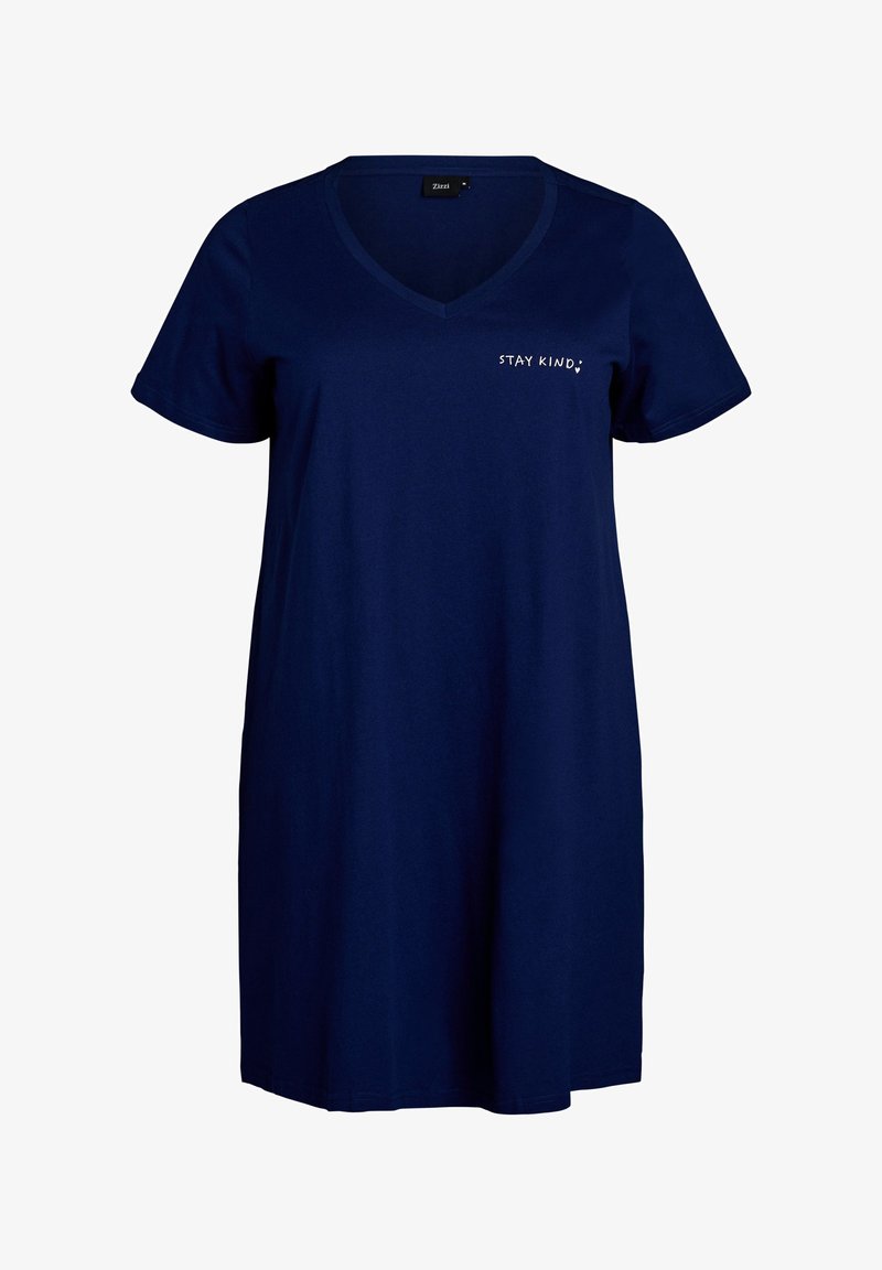 Tumši zila V-veida kakla T-krekla kleita no mīksta materiāla. Uz krūtīm uzraksts "STAY KIND". Īsas piedurknes un brīvs piegriezums. Kleitas garums līdz vidukļa vidum.