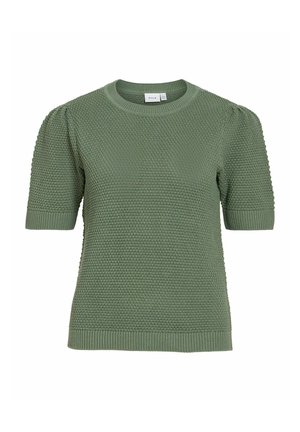 Pulover verde cu mânecă scurtă din tricot cu model texturat, manșete din reiat și decolteu rotund, de la brandul VILA.