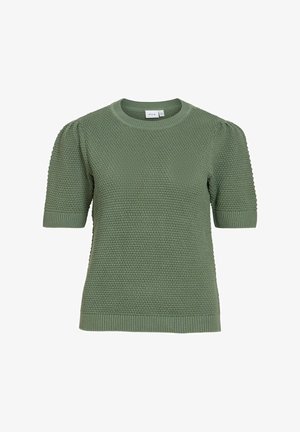 Zielony sweter na krótki rękaw z dzianiny z fakturowanym wzorem, ściągaczami na rękawach i okrągłym dekoltem marki VILA.