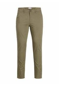 Chino khaki con vestibilità slim, caratterizzati da una texture liscia, chiusura frontale con bottone e tasche laterali. Design semplice senza motivi.