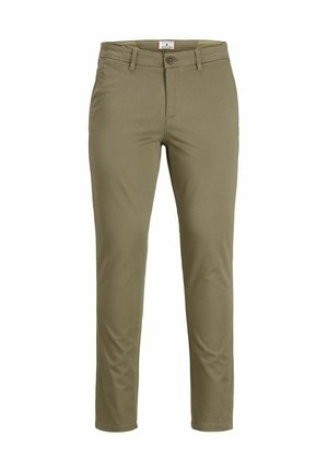 Chino khaki con vestibilità slim, caratterizzati da una texture liscia, chiusura frontale con bottone e tasche laterali. Design semplice senza motivi.