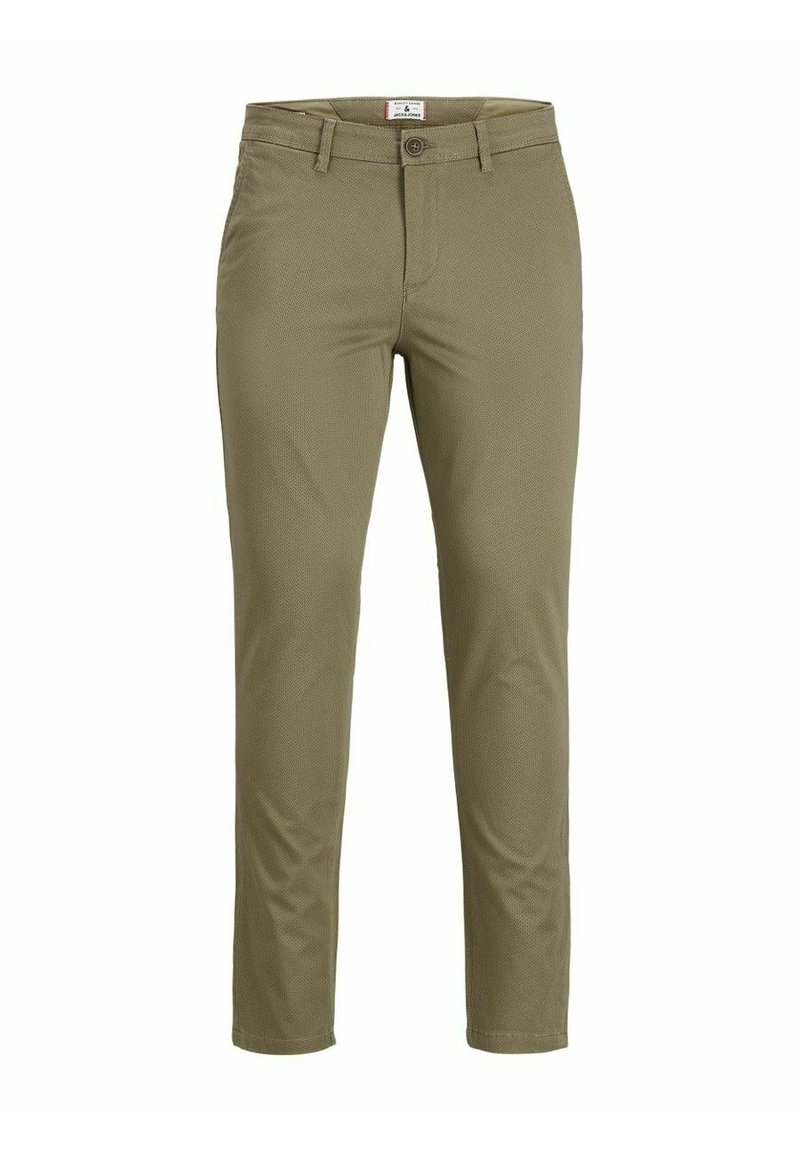 Chino khaki con vestibilità slim, caratterizzati da una texture liscia, chiusura frontale con bottone e tasche laterali. Design semplice senza motivi.