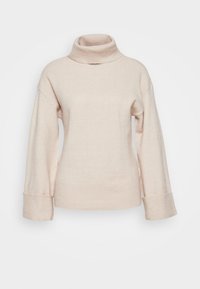 Jasno beżowy sweter z golfem o miękkiej teksturze, opadającymi ramionami i szerokimi ściągaczami. Prosty design bez wzorów czy akcentów.