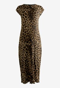 Leopardenmuster-Kleid mit kurzen Ärmeln, knielang, aus leichtem Stoff, mit schwarzen Flecken auf einem hellbraunen Hintergrund und einem gewellten Saum.