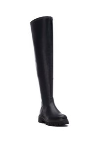 Botas negras hasta la rodilla de cuero suave. Suela de goma gruesa con dibujo texturizado. Diseño sin costuras con punta redondeada y sin herrajes visibles.