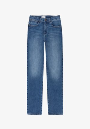 Blue denim jeans with a straight leg cut, featuring front pockets, fading details, and a button fly closure. Classic design with minimal embellishments.