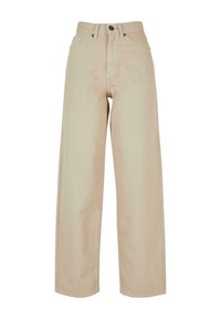 Béžové džíny s širokými nohavicemi vyrobené z denimu, s vysokým pasem, předními kapsami a jemnými švy. Hladká textura a klasický design.