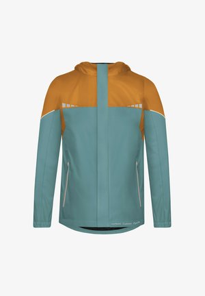 Herrenjacke für den Außenbereich mit einem Design in Teal und Orange in Blockfarben, mit Reißverschlusstaschen und Kapuze, aus leichtem, wetterfestem Material gefertigt.