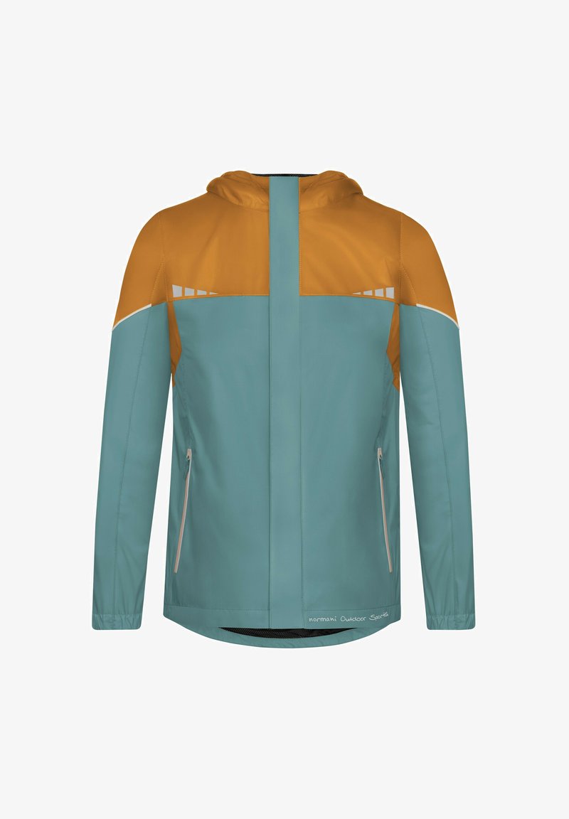 Herrenjacke für den Außenbereich mit einem Design in Teal und Orange in Blockfarben, mit Reißverschlusstaschen und Kapuze, aus leichtem, wetterfestem Material gefertigt.