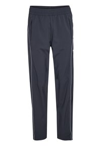 Herren Sporthose in Marineblau aus leichtem Material, mit elastischem Bund, seitlichen Taschen und weißen Akzentstreifen an den Seiten.
