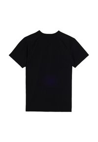 Camiseta negra de manga corta con cuello redondo, fabricada en un tejido suave. Presenta un diseño simple sin patrones ni adornos.