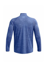 Blaues Langarmhemd mit kurzem Kragen, aus leichtem Stoff mit strukturiertem, gestreiftem Muster. Under Armour-Logo auf der Rückseite.