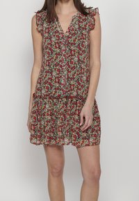 Robe fleurie avec un fond sombre, présentant des motifs rouges et verts, un col en V, des manches volantées et une jupe à volants. Tissu léger.