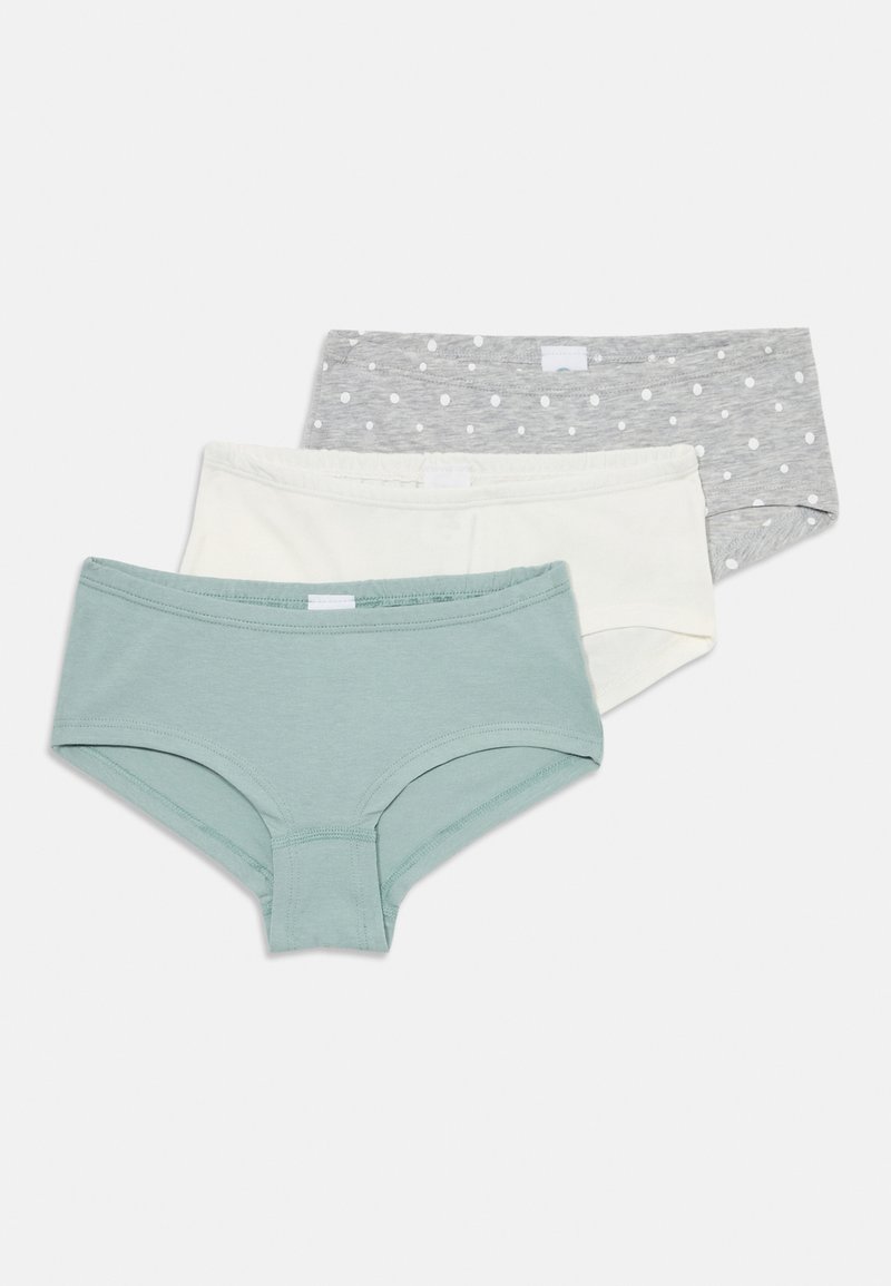 Tre par kvindelige hipster-trusser: et i mintgrøn, et i hvid og et i grå med hvide prikker. Fremstillet af blød bomuld.