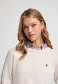 Kremowy sweter z okrągłym dekoltem, o miękkiej fakturze, z małą haftowaną postacią na piersi. Nałożony na jasną koszulę w paski.