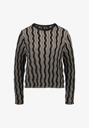 Sort og beige langærmet bluse med et bølget mønster, lavet af tekstureret stof. Rundet halsudskæring og tætsiddende pasform.