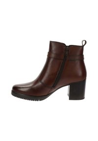 Bottine en cuir marron avec une fermeture éclair sur le côté, bout arrondi et talon bloc empilé. Présente des coutures minimes et une semelle en caoutchouc texturé.