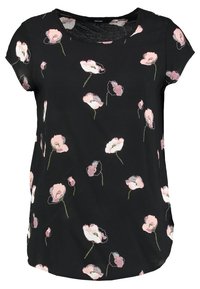 Černý top s krátkým rukávem, který má květinový vzor v odstínech růžové a bílé. Hladká látka, volný střih a kulatý výstřih.