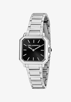 Silberne Metallarmbanduhr mit rechteckigem schwarzem Zifferblatt, silbernen Stundenmarkierungen und Zeigern sowie dem "Karl Lagerfeld"-Logo auf dem Zifferblatt.