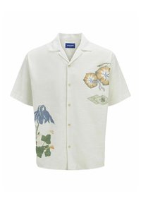 Light beige short-sleeve shirt with floral prints in yellow, blue, and green. Features a collared neckline and button front closure.