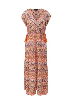 Robe longue sans manches avec motif zigzag orange, violet et beige, col en V et liens à pompons orange à la taille.