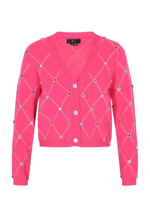 Rosa Wollcardigan mit V-Ausschnitt, der mit Rautenmuster und mehrfarbigen Schmuckverzierungen versehen ist und eine verkürzte Passform hat.