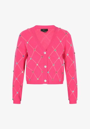 Rózsaszín gyapjú kardigán V-nyakkivágással, gyémántmintákkal és színes ékszer díszítésekkel, valamint rövidített fazonnal.