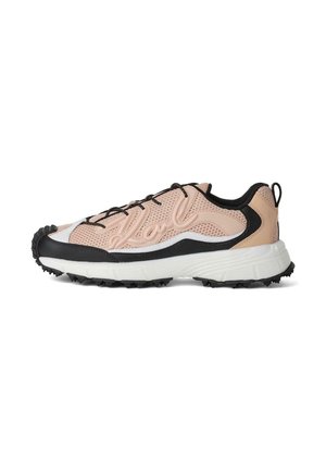 Low-top sneaker with pink mesh upper, black overlays, white midsole, black rugged outsole, and black laces, designed for outdoor use.