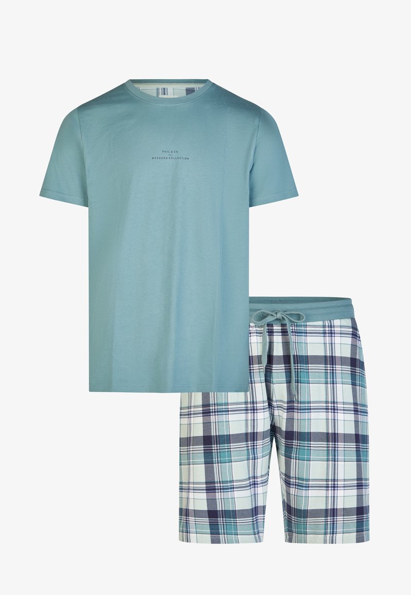 Světle modré bavlněné tričko s krátkým rukávem, spárované s kostkovanými šortkami ve světle modré, zelené, námořnické a bílé barvě s elastickým pasem na šňůrku.