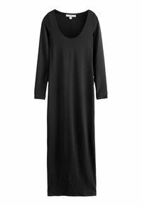 Abito lungo nero a maniche lunghe con scollatura a barca, realizzato in tessuto morbido, di forma fluida e con design lungo fino alla caviglia. Nessun motivo o accentuazione visibile.