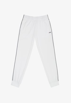 Pantalon de sport blanc avec des bandes latérales noires, une taille élastique, des chevilles resserrées et un petit logo FILA sur la cuisse gauche supérieure.