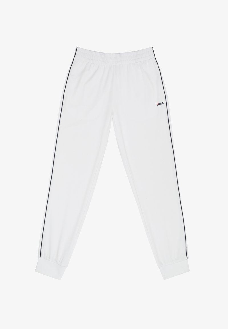 Witte sportbroek met zwarte zijstrepen, elastische tailleband, omgeslagen enkels en een klein FILA-logo op de bovenkant van de linker dij.