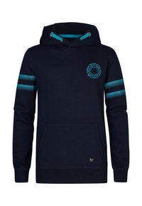 Felpa blu navy con cappuccio con stringhe, tasca a marsupio e accenti a strisce turchesi sulle maniche. Presenta il logo stampato sul petto.