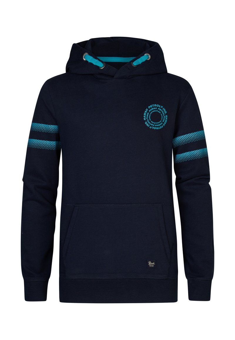 Felpa blu navy con cappuccio con stringhe, tasca a marsupio e accenti a strisce turchesi sulle maniche. Presenta il logo stampato sul petto.