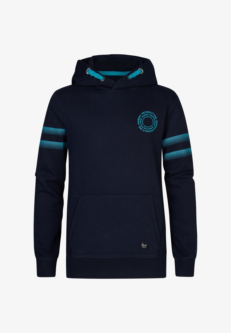 Felpa blu navy con cappuccio con stringhe, tasca a marsupio e accenti a strisce turchesi sulle maniche. Presenta il logo stampato sul petto.