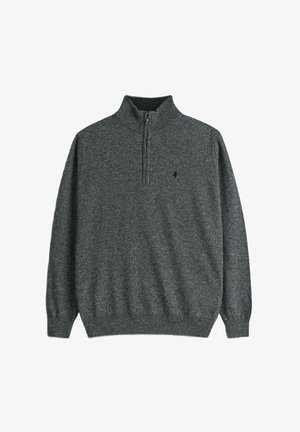 Maglione con zip grigio scuro realizzato in un tessuto morbido e strutturato. Presenta un collo alto a mezza altezza e un piccolo logo sul petto. Vestibilità classica con polsini a coste.