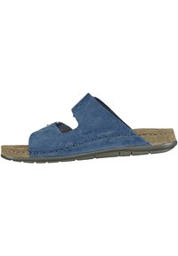 Sandalo blu scamosciato con una fascia larga e design a ritaglio. Presenta una soletta in sughero, finiture cucite e una suola in gomma resistente.