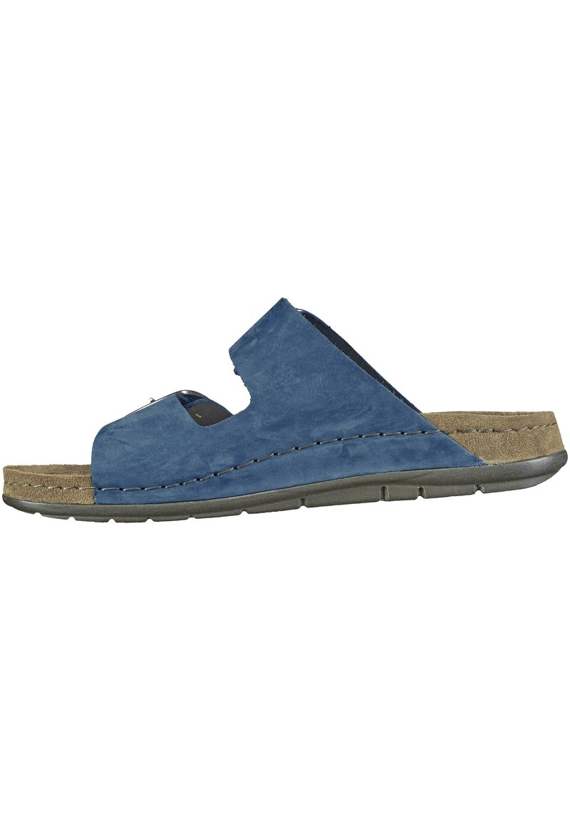 Sandalo blu scamosciato con una fascia larga e design a ritaglio. Presenta una soletta in sughero, finiture cucite e una suola in gomma resistente.