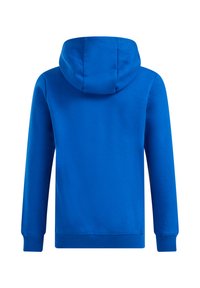 Blaues Hoodie aus weichem, strukturiertem Stoff. Verfügt über eine große Kapuze, gerippte Bündchen und Saum sowie ein einfaches, unauffälliges Design.