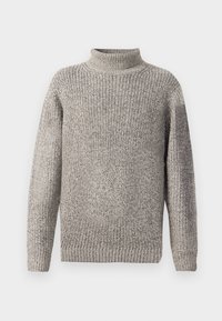 Maglione grigio a maglia con colletto alto, caratterizzato da un motivo testurizzato e polsini e orlo a coste. Tessuto morbido e caldo con una vestibilità ampia.