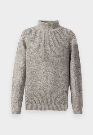 Pull-over en tricot gris avec un col montant, présentant un motif texturé et des poignets et un ourlet côtelés. Tissu doux et chaud avec une coupe ample.