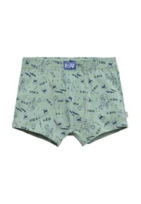 Boxer shorts de algodón verde con estampados de T-Rex y rayos, con una cinturilla azul etiquetada como "ROAR". El diseño tiene un ajuste ceñido y una parte delantera sin costuras.