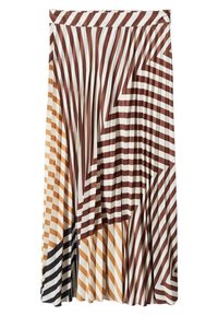 Jupe maxi plissée présentant un mélange de rayures diagonales et horizontales en marron, crème, orange et noir, avec une taille pour un bon ajustement.