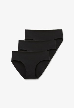 Three black seamless bikini-cut underwear pieces stacked on a white background.