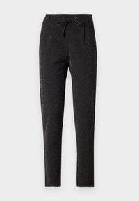Pantalons noirs avec un effet pailleté subtil, dotés d'une taille avec cordon de serrage, d'un design ajusté et d'une coupe fuselée pour une silhouette près du corps.