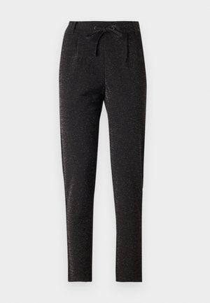 Zwarte broeken met een subtiele glinsterende effect, voorzien van een trekkoord in de taille, een getailleerd ontwerp en een taps toelopende pijp voor een aansluitende silhoeet.