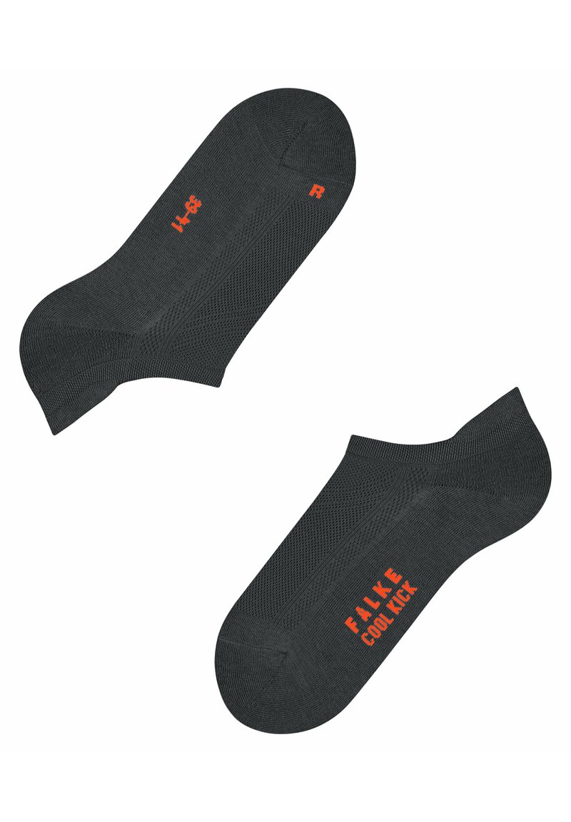 Grijze enkel sokken met een mesh-textuur, met oranje "FALKE COOL KICK" branding. Ontworpen voor comfort en ademend vermogen.