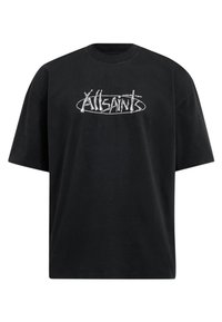 Sort bomulds t-shirt med en løs pasform, prydet med et hvidt trykt logo i cirkulært design. Korte ærmer og rund halsudskæring.