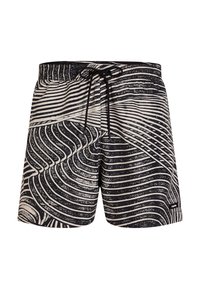 Costumi da bagno caratterizzati da un motivo a linee ondulate in bianco e nero, con vita elasticizzata e cordoncino, e una vestibilità ampia. Tessuto morbido e leggero.