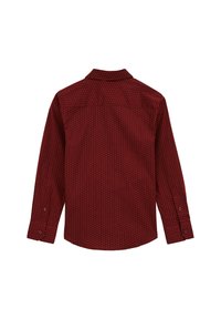 Rode blouse met lange mouwen en een klein wit stippenpatroon, voorzien van een button-down kraag en manchetten, gemaakt van een stevige stof.